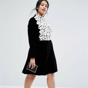 NWT. ASOS Curve Contrast Lace And Velvet Flippy A Line Dress Plus-14.